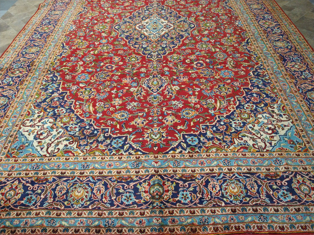 9.6 x 13.10 Persian Red Blue Traditional Kashan Rug Semi-Antique #F-5625