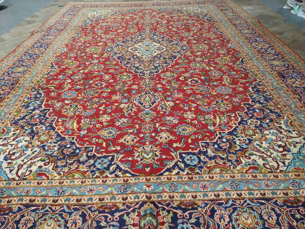 9.6 x 13.10 Persian Red Blue Traditional Kashan Rug Semi-Antique #F-5625