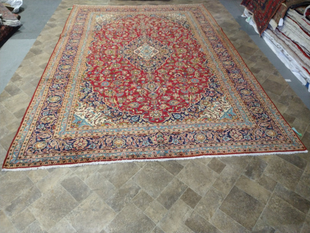 9.6 x 13.10 Persian Red Blue Traditional Kashan Rug Semi-Antique #F-5625