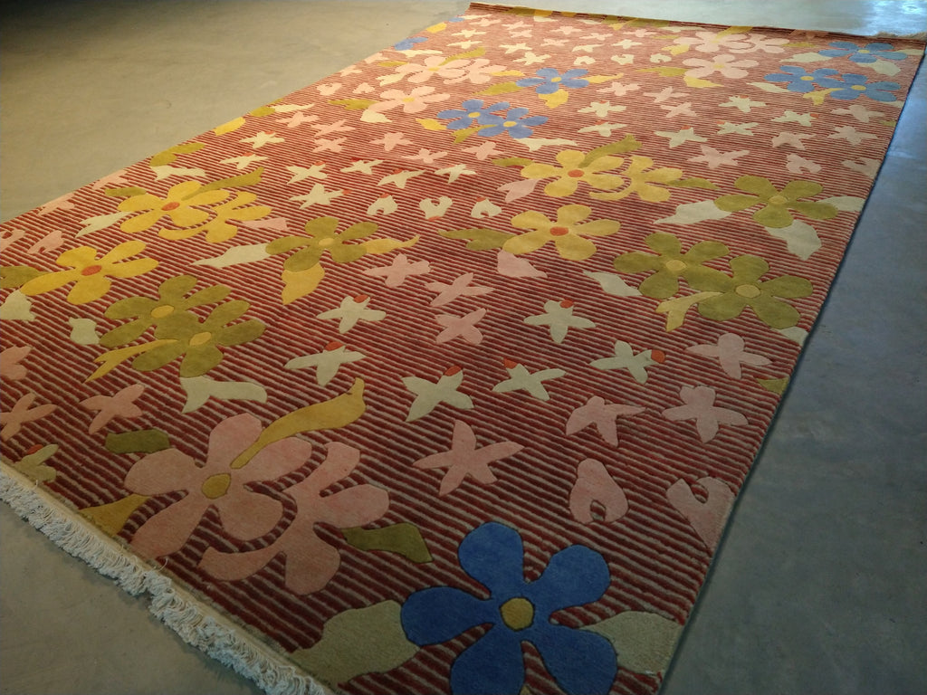 6 x 9 Wool and Silk Modern rug Hand-knotted in India CORAL COLORFUL #F-5652