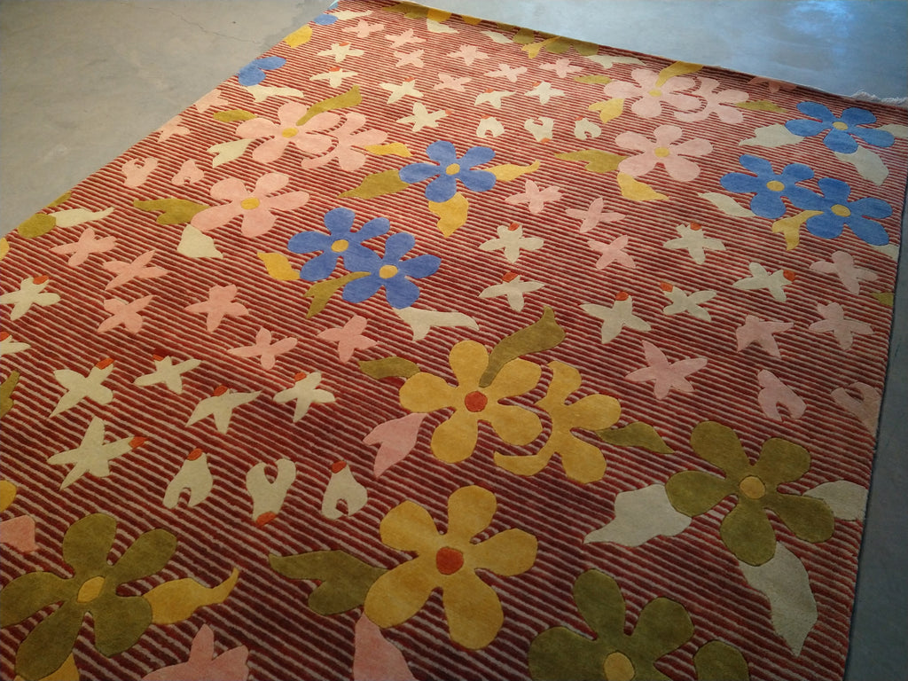 6 x 9 Wool and Silk Modern rug Hand-knotted in India CORAL COLORFUL #F-5652