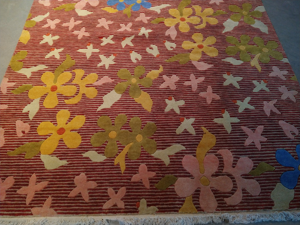 6 x 9 Wool and Silk Modern rug Hand-knotted in India CORAL COLORFUL #F-5652