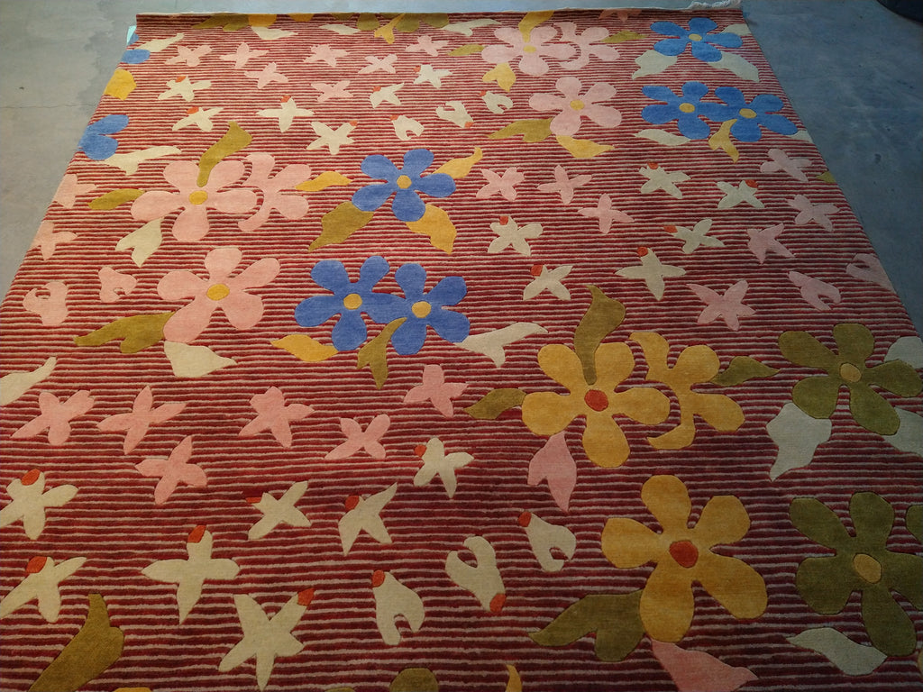 6 x 9 Wool and Silk Modern rug Hand-knotted in India CORAL COLORFUL #F-5652