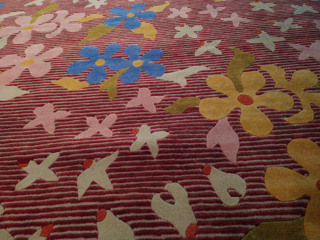 6 x 9 Wool and Silk Modern rug Hand-knotted in India CORAL COLORFUL #F-5652