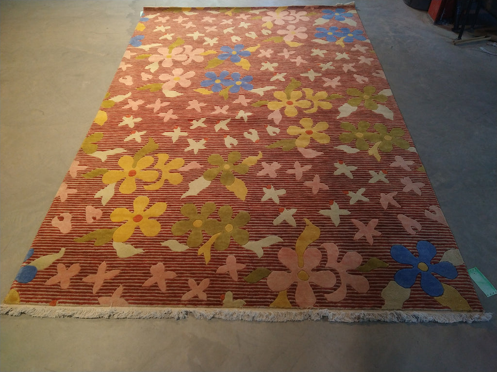 6 x 9 Wool and Silk Modern rug Hand-knotted in India CORAL COLORFUL #F-5652
