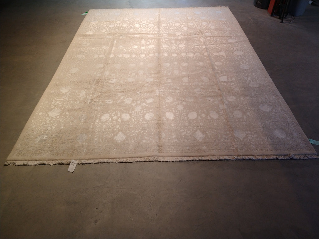 9 x 12 Neutral Wool and Silk Fine weave Hand-knotted in India FANCY RUG Two Tone color #F-5664