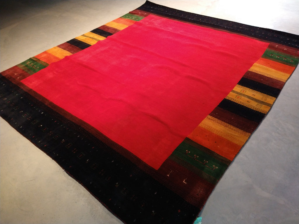8.3 x 9.11 GABBEH RUG COLORFUL BORDER SOLID RED HANDMADE INDIA #F-5670