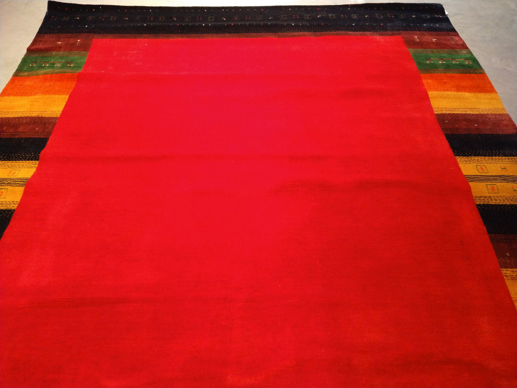 8.3 x 9.11 GABBEH RUG COLORFUL BORDER SOLID RED HANDMADE INDIA #F-5670