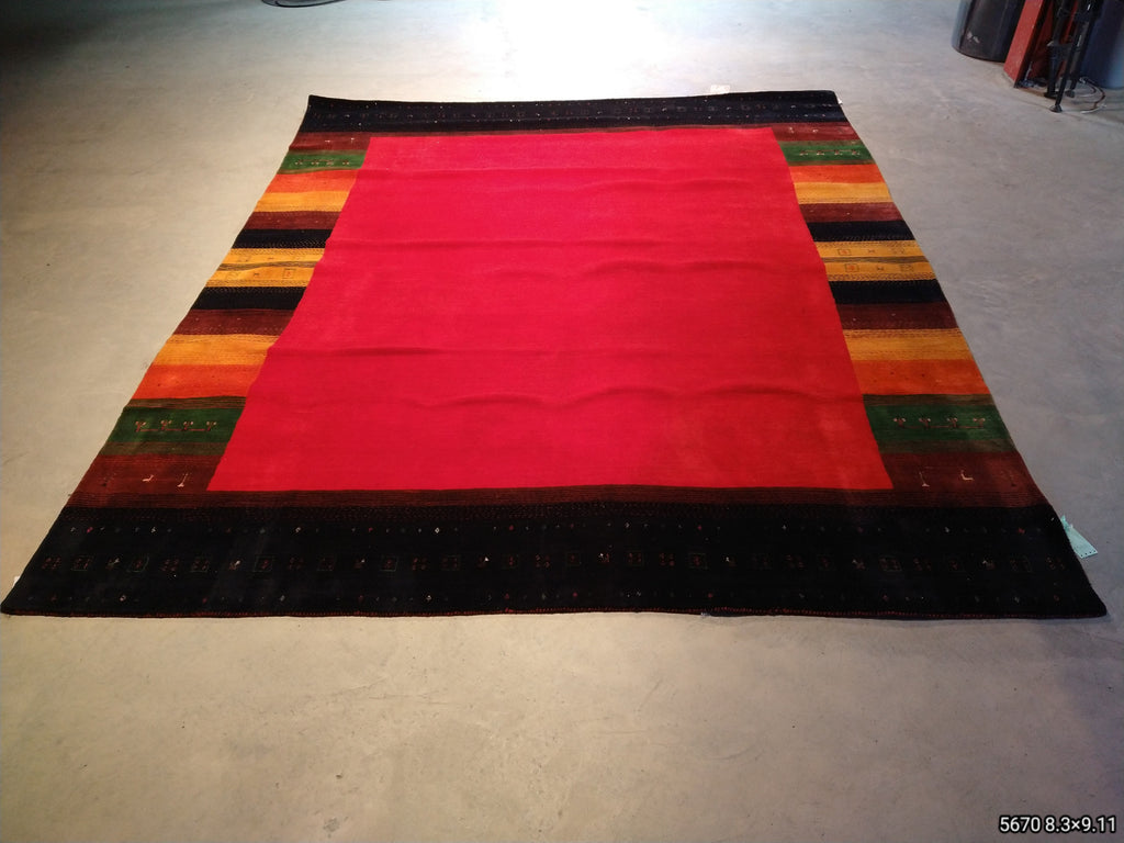 8.3 x 9.11 GABBEH RUG COLORFUL BORDER SOLID RED HANDMADE INDIA #F-5670