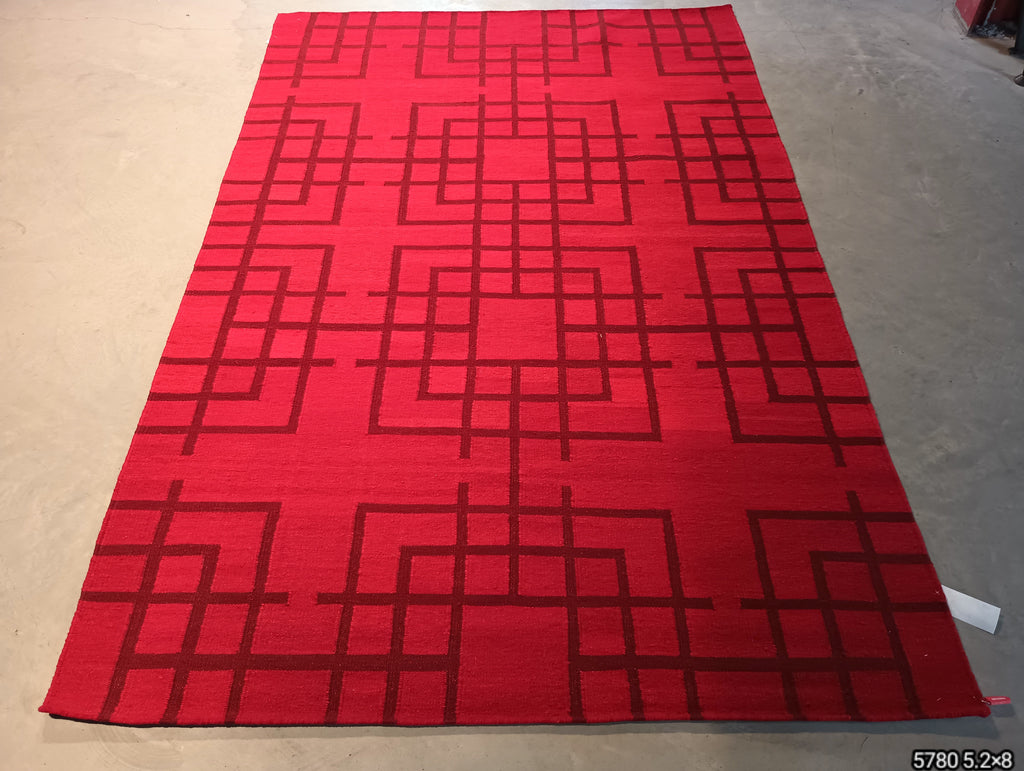 5.2 x 8 RED CONTEMPORARY Handmade RUG #F-5780