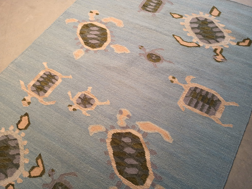 5.1 x 7.0 Blue Turtle Pattern handmade Wool Contemporary rug #F-5781