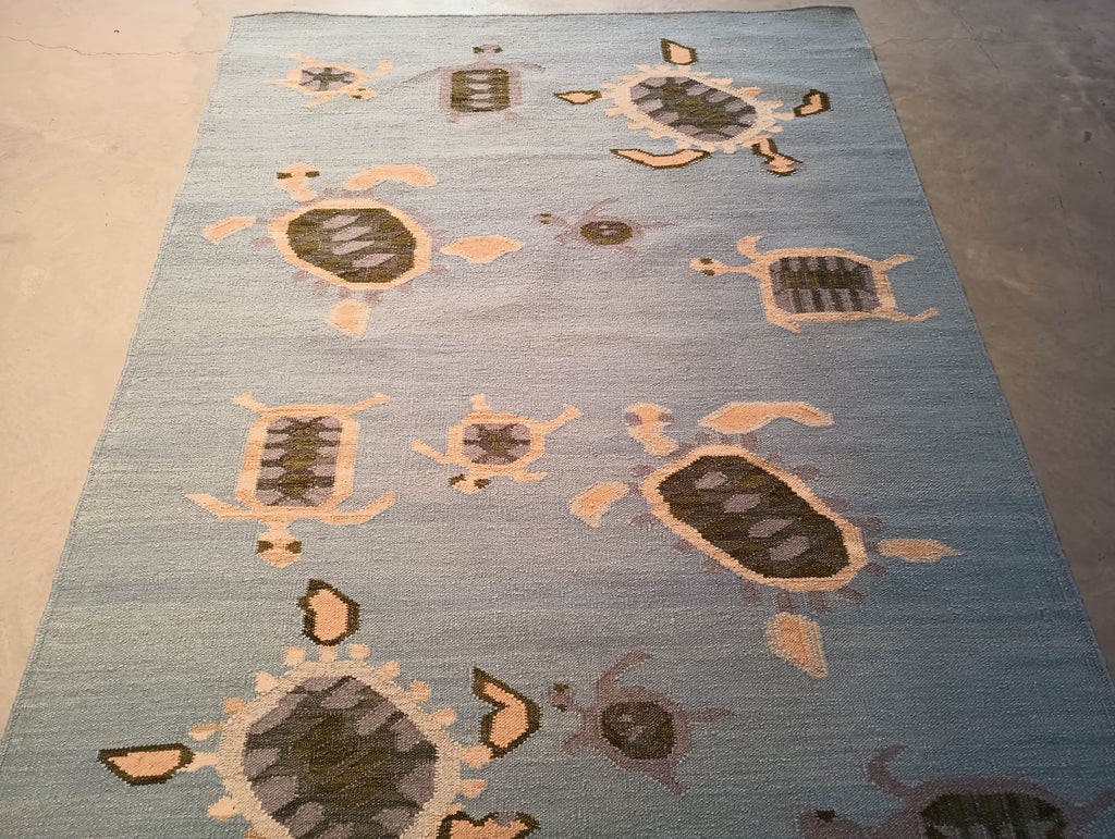 5.1 x 7.0 Blue Turtle Pattern handmade Wool Contemporary rug #F-5781