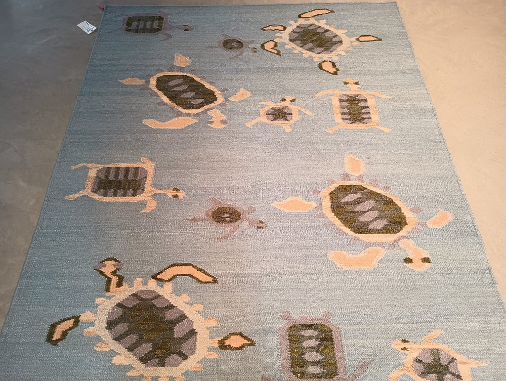 5.1 x 7.0 Blue Turtle Pattern handmade Wool Contemporary rug #F-5781