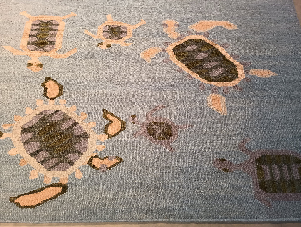 5.1 x 7.0 Blue Turtle Pattern handmade Wool Contemporary rug #F-5781