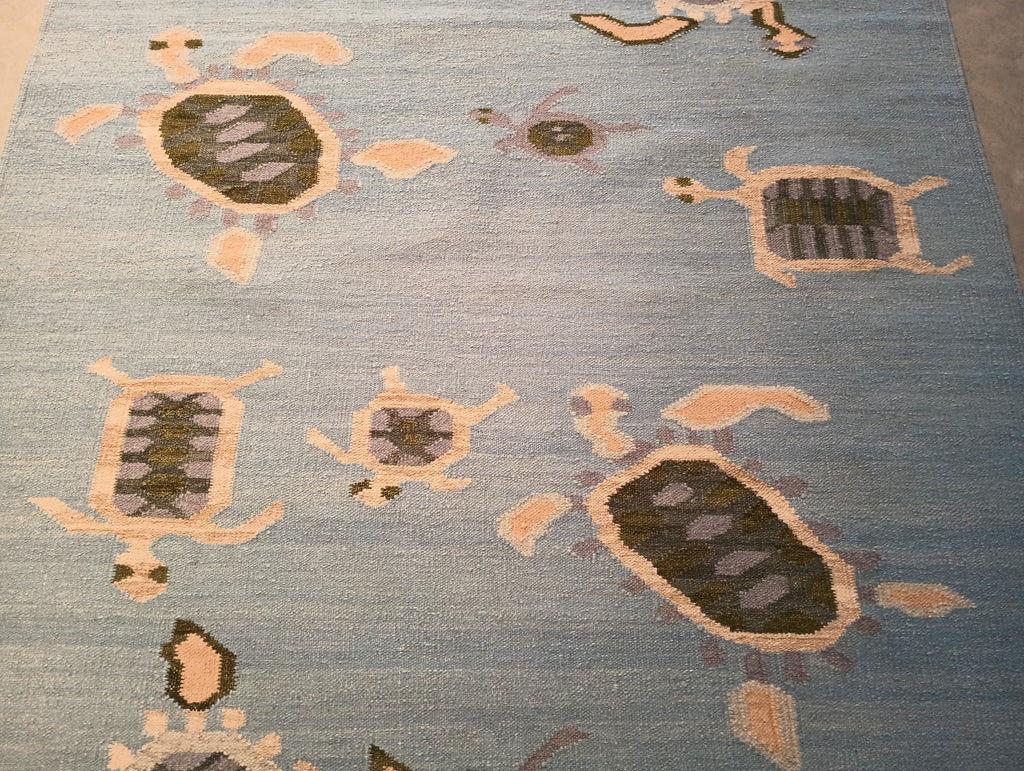 5.1 x 7.0 Blue Turtle Pattern handmade Wool Contemporary rug #F-5781