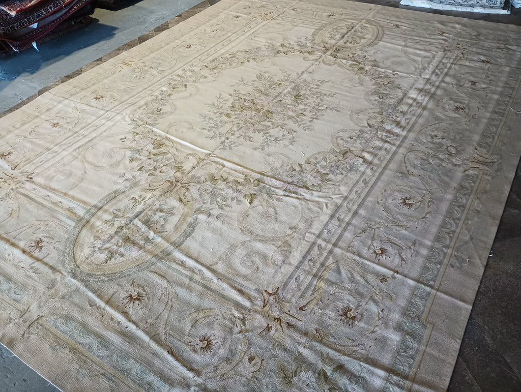 9.2 x 12.5 French Aubusson Flat Weave Rug Neutral Colors #F-5808