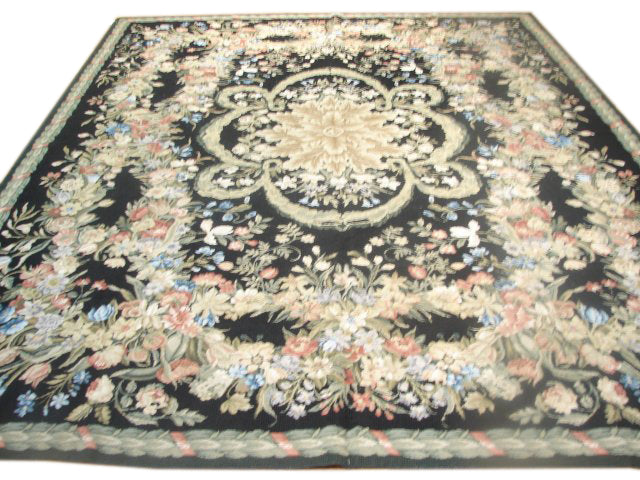 8 x 10 Black Double Knot Needlepoint Abusson Rug 11403