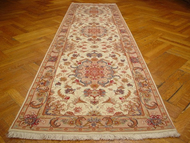 3' x 10' Ivory Persian Tabriz Wool & Silk Rug 1370