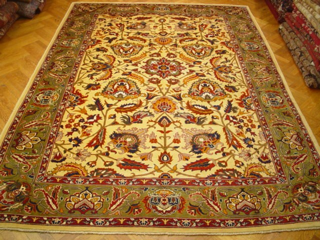 8.6 x 11.8 Ivory Green Chobi Peshawar Rug Handmade Natural Wool #PIX-1556