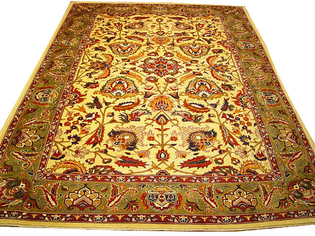 8.6 x 11.8 Ivory Green Chobi Peshawar Rug Handmade Natural Wool #PIX-1556