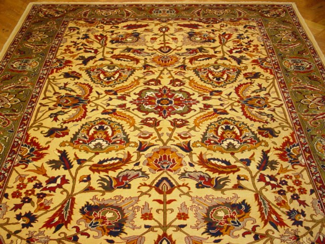 8.6 x 11.8 Ivory Green Chobi Peshawar Rug Handmade Natural Wool #PIX-1556