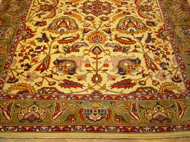 8.6 x 11.8 Ivory Green Chobi Peshawar Rug Handmade Natural Wool #PIX-1556