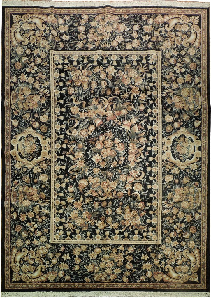 10' x 14' Black High Quality Aubusson Rug 17336