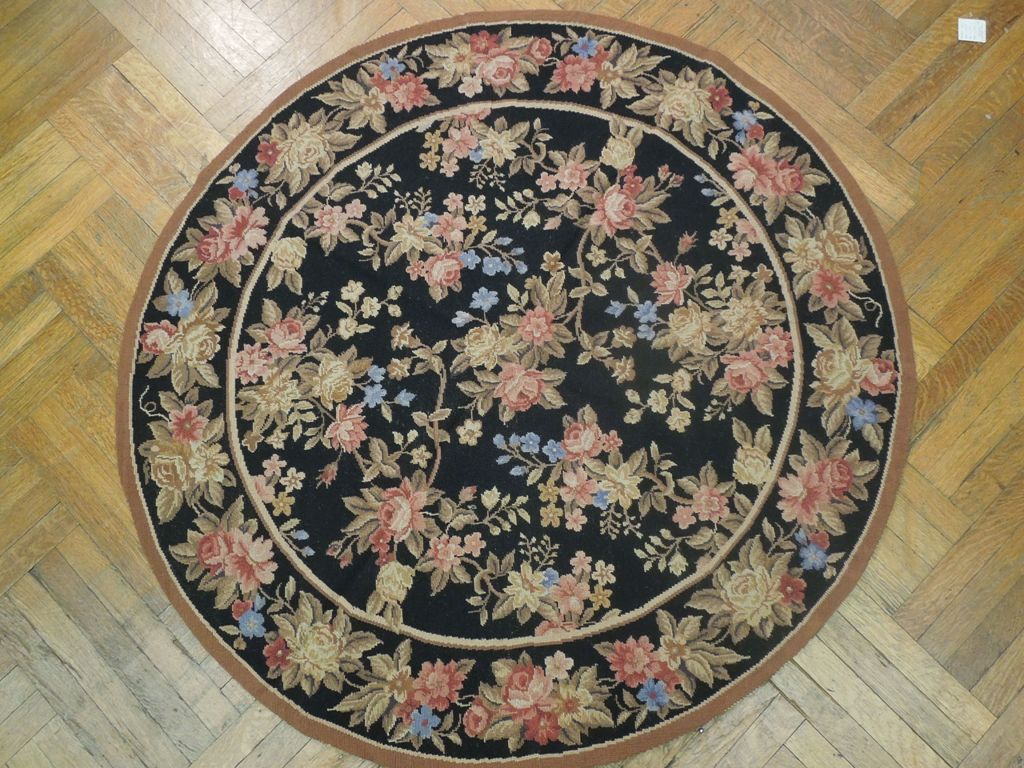 5 x 5 Black Needlepoint Flat Weave Round Rug #PIX-20642