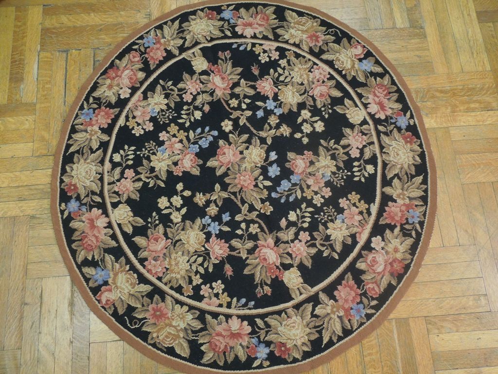 5 x 5 Black Needlepoint Flat Weave Round Rug #PIX-20642