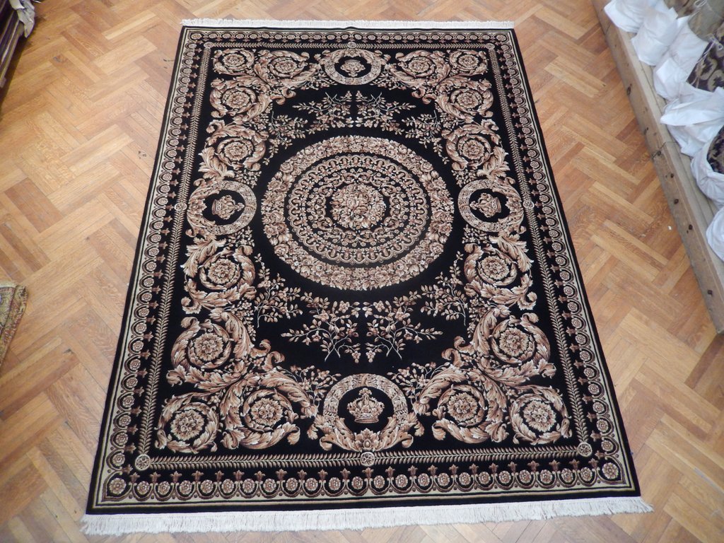 9.2 x 12.2 Black Sino Savonnerie Handmade Rug #PIX-21827