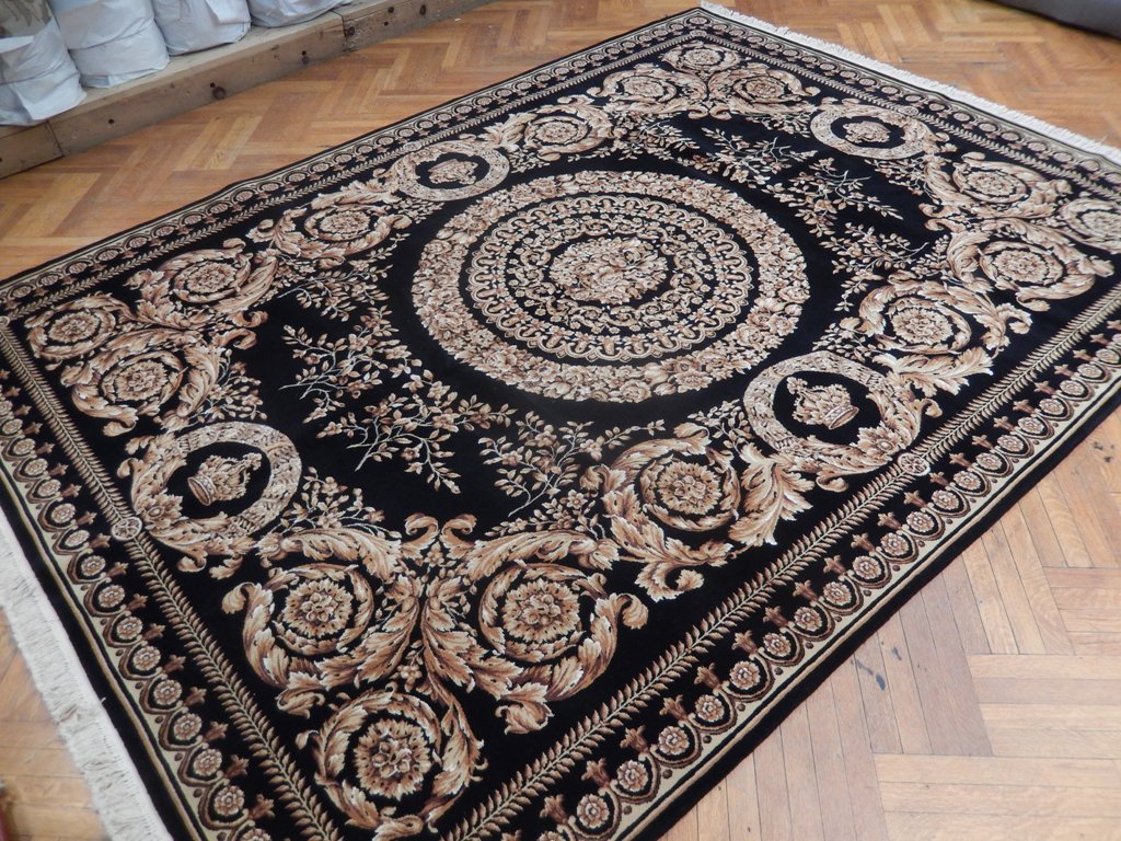 9.2 x 12.2 Black Sino Savonnerie Handmade Rug #PIX-21827