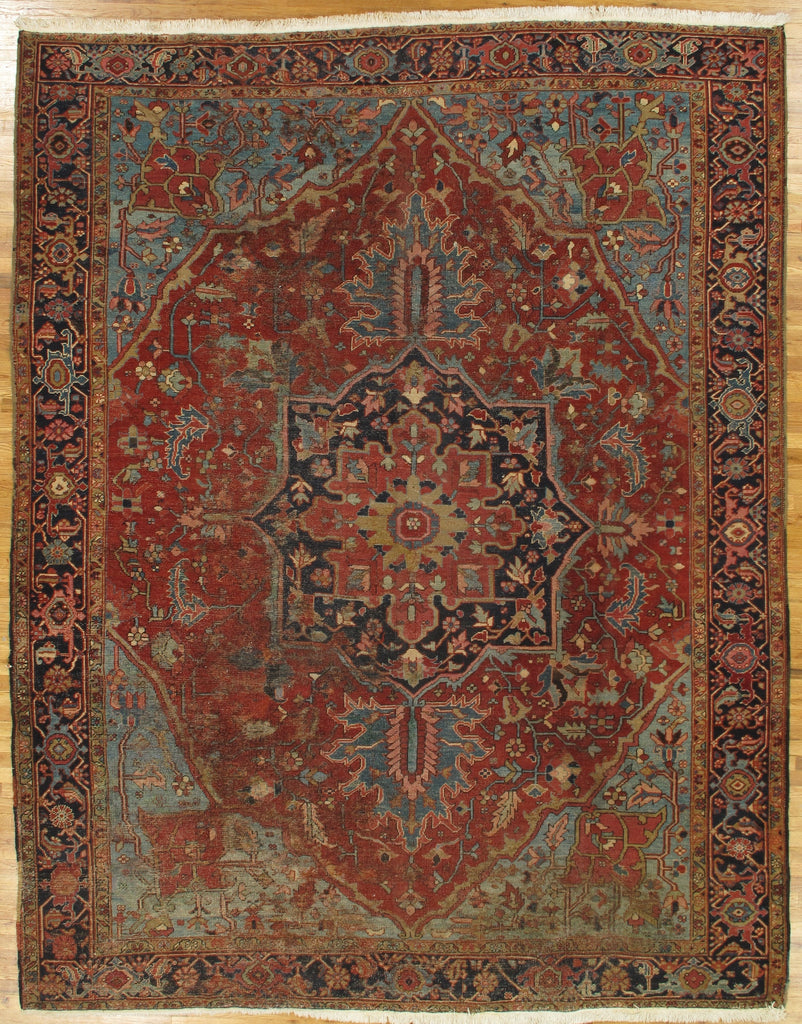 9.5 x 12 Red Antique Worn Persian Heriz Rug 26231