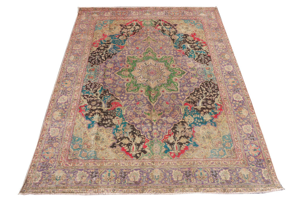 9.5 x 12.7 VINTAGE Green Center Multi-Color Persian Rug 26915