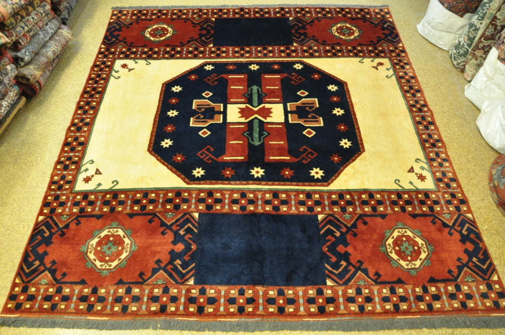 9.1 x 10 Tribal Afghan Kazak SQUARE Wool Rug #PIX-28988