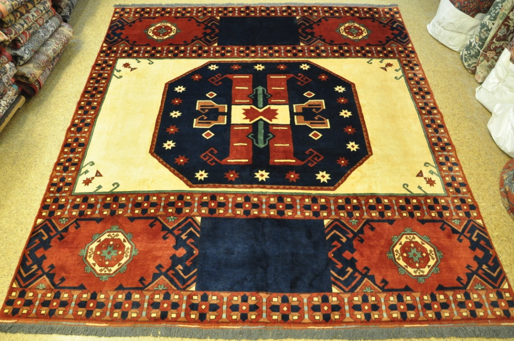 9.1 x 10 Tribal Afghan Kazak SQUARE Wool Rug #PIX-28988