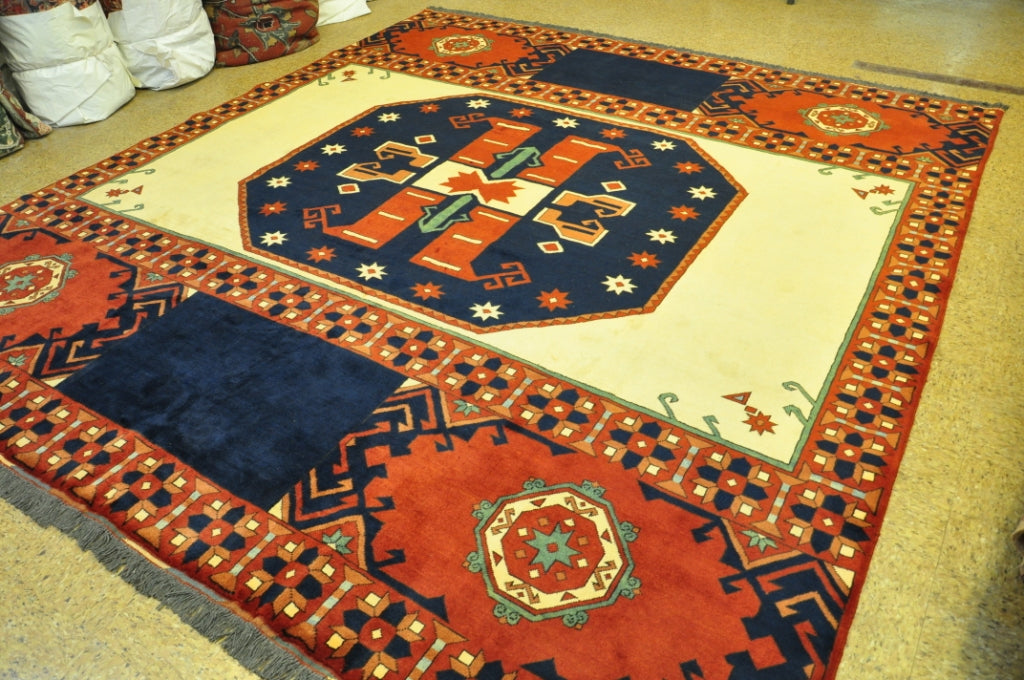 9.1 x 10 Tribal Afghan Kazak SQUARE Wool Rug #PIX-28988