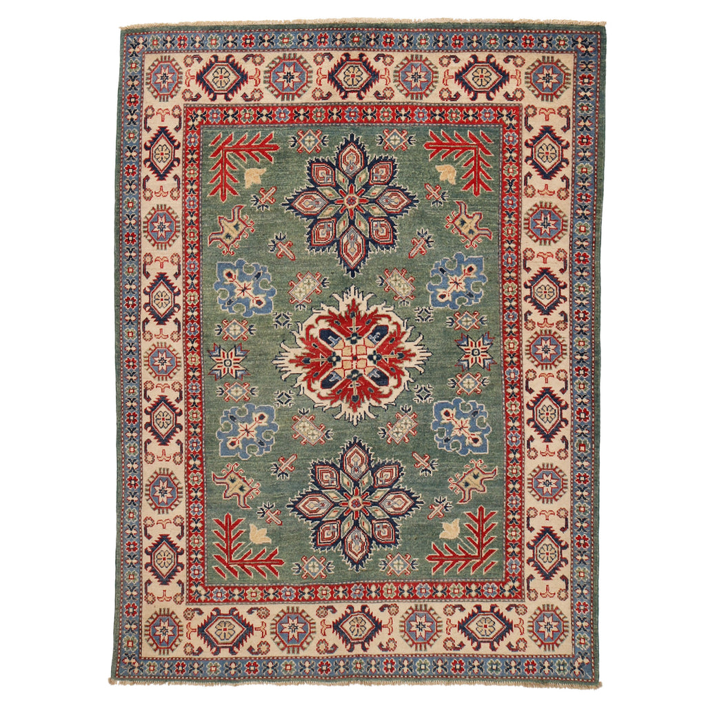 4.11 x 6.3 Beautiful Handmade Olive Sage Green Kazak Rug- Natural Wool Q25