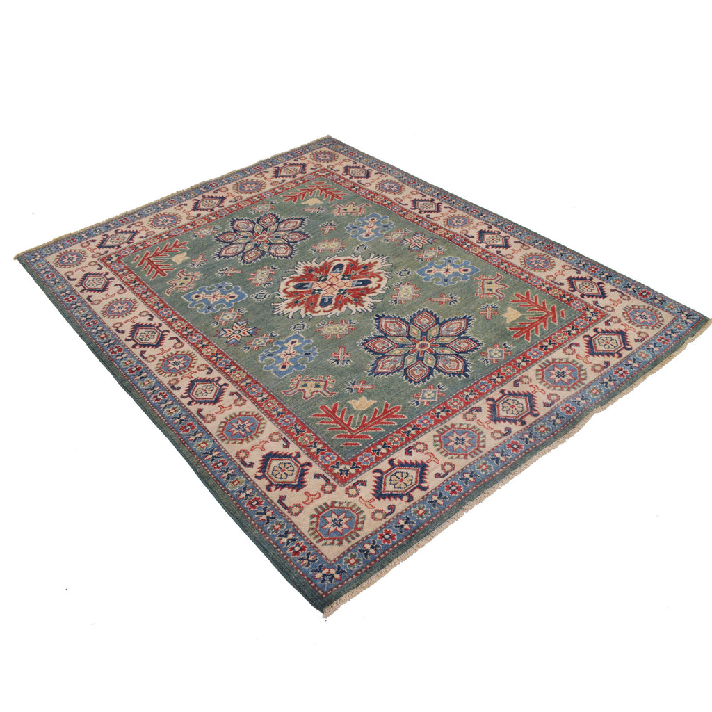 4.11 x 6.3 Beautiful Handmade Olive Sage Green Kazak Rug- Natural Wool Q25