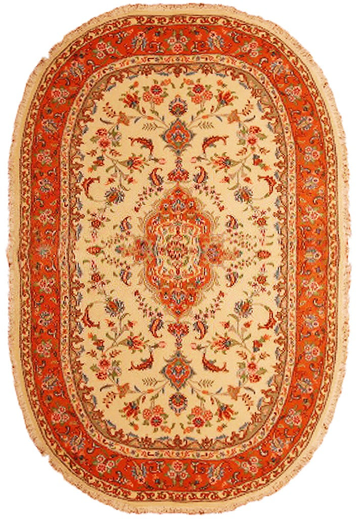 4' x 7' Ivory High End Wool & Silk Persian Tabriz Oval Rug 3193
