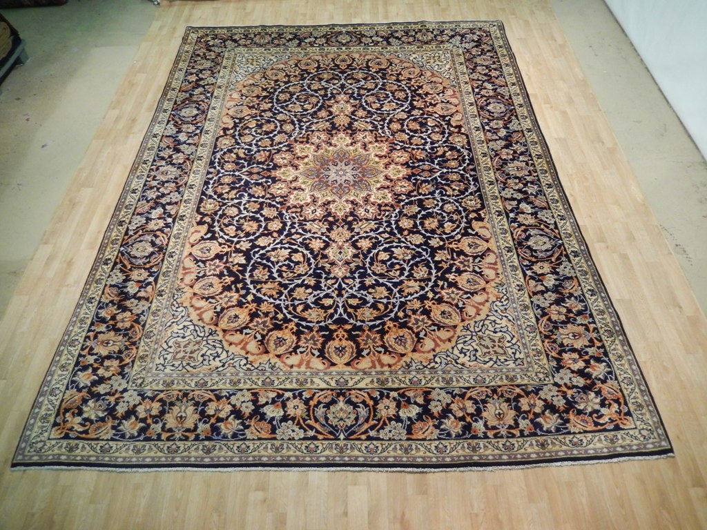 9.6 x 13.2 Navy Blue Semi Antique Persian Esfahan WOOL Rug 73007