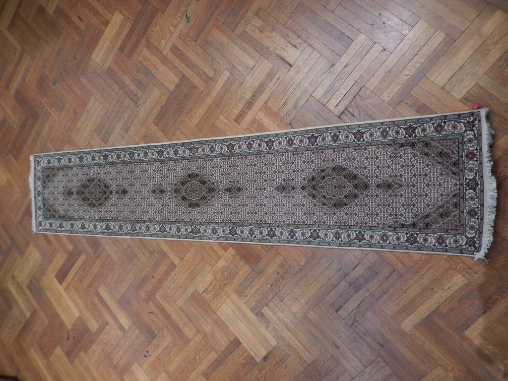 2' x 12' Ivory Wool & Silk Tabriz Mahi Runner Rug 21519