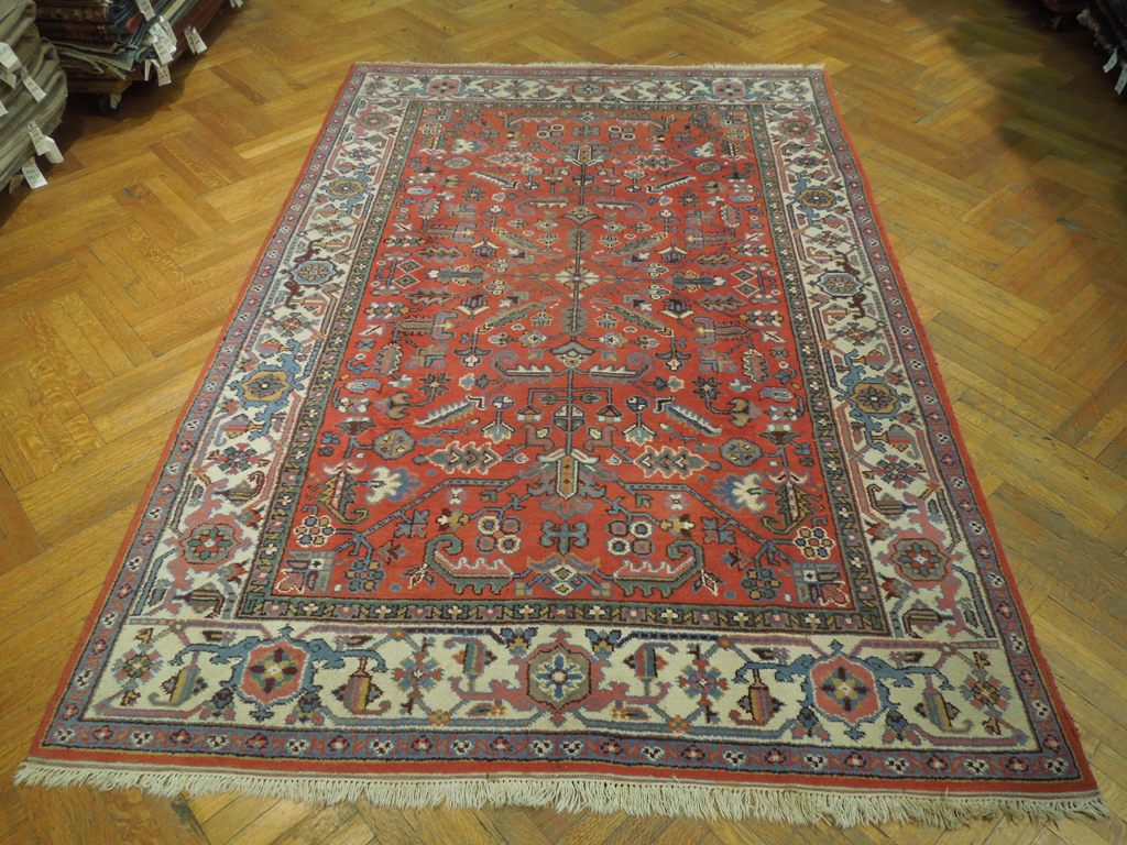 7' x 10' Salmon Red Semi-Antique Turkish Heriz Rug 23949