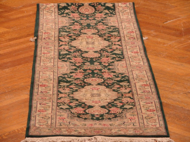 3' x 12' Green Sino Tabriz Wool&Silk Runner Rug 12832