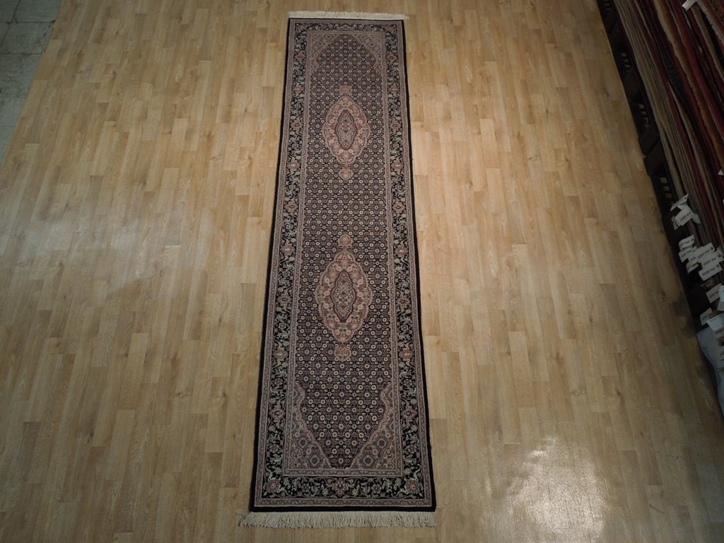 3' x 10' Black Tabriz Wool & Silk Fine Quality Runner Rug 19009