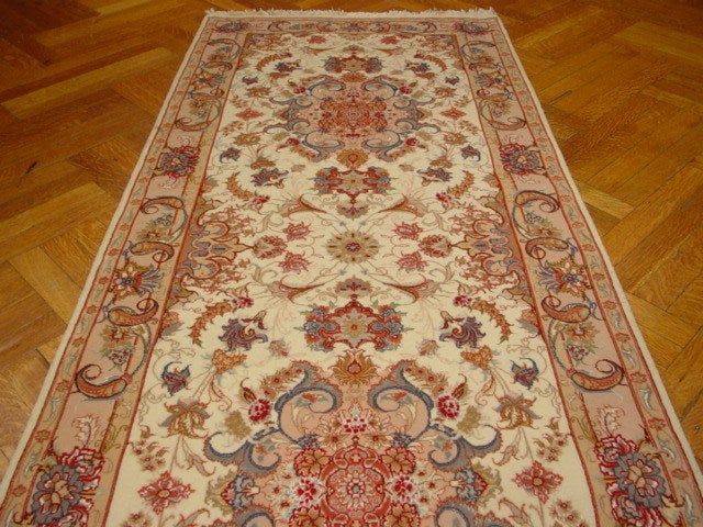 3' x 10' Ivory Persian Tabriz Wool & Silk Rug 1370