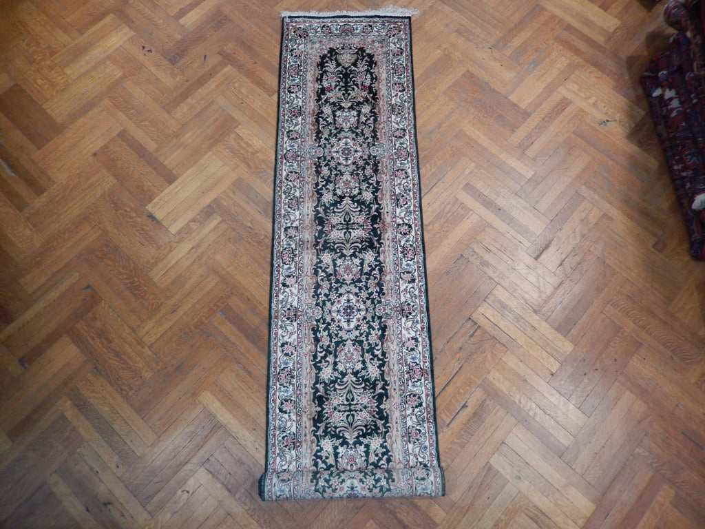 2' x 12' Green Artificial Silk Savonnerie Runner Rug 22895