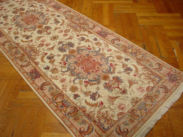 3' x 10' Ivory Persian Tabriz Wool & Silk Rug 1370