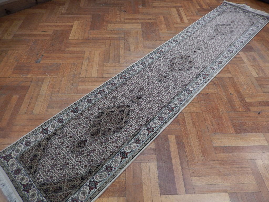 2' x 12' Ivory Wool & Silk Tabriz Mahi Runner Rug 21519