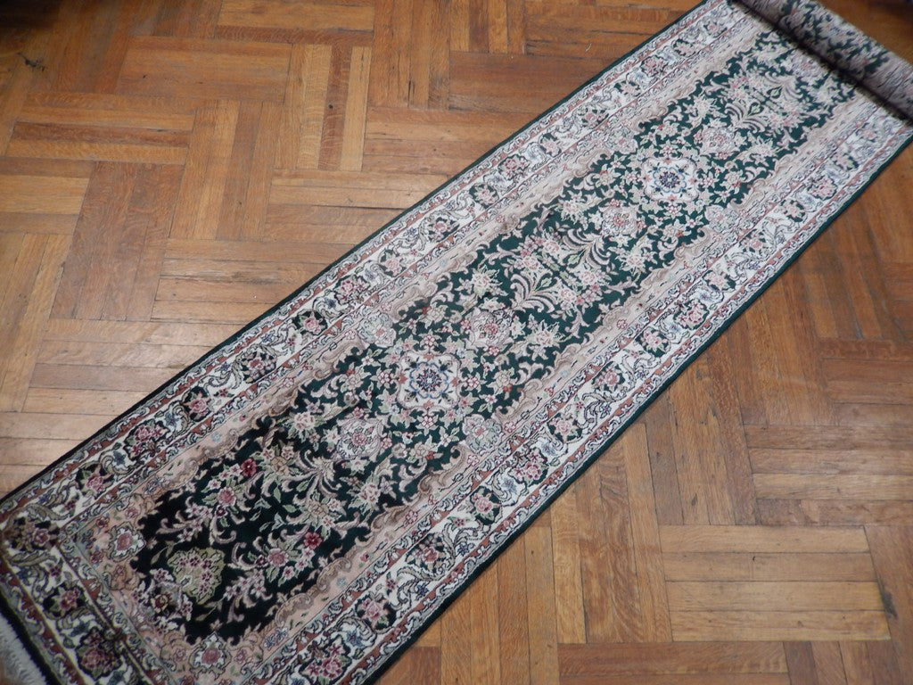 2' x 12' Green Artificial Silk Savonnerie Runner Rug 22895