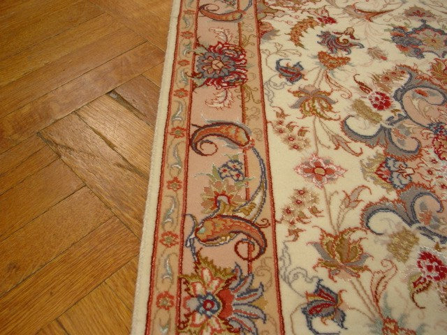 3' x 10' Ivory Persian Tabriz Wool & Silk Rug 1370